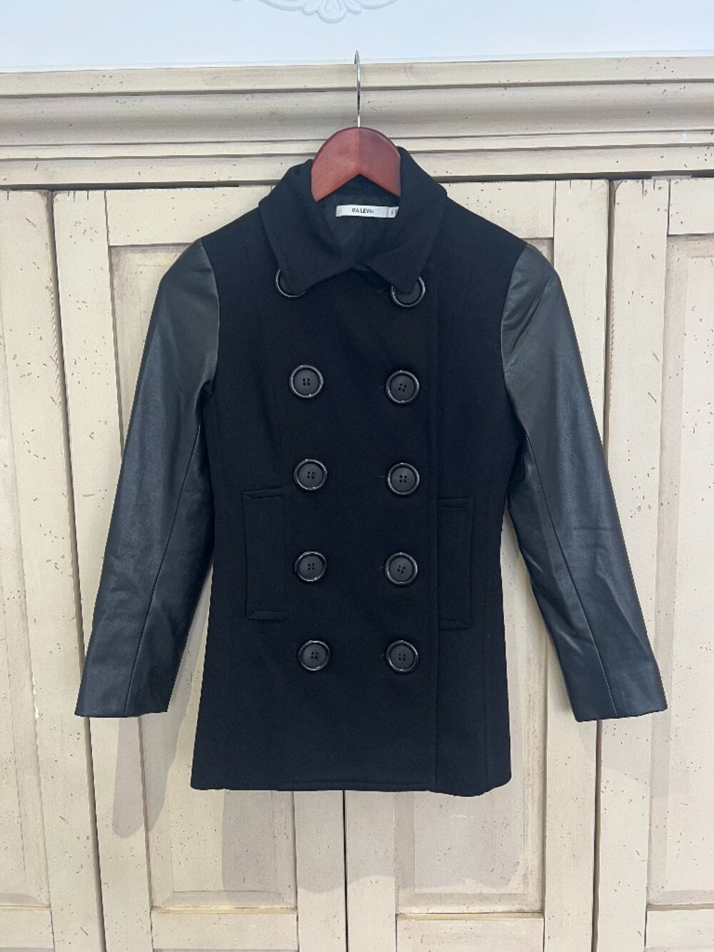 Bailey 44 Black Double Breasted Ponte Peacoat Faux Leather Sleeves Made USA XS